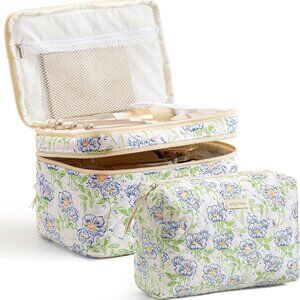 2Pcs Travel Makeup Bag, Large Cotton Quilted Makeup Bag Cosmetic Bag Cute Make u